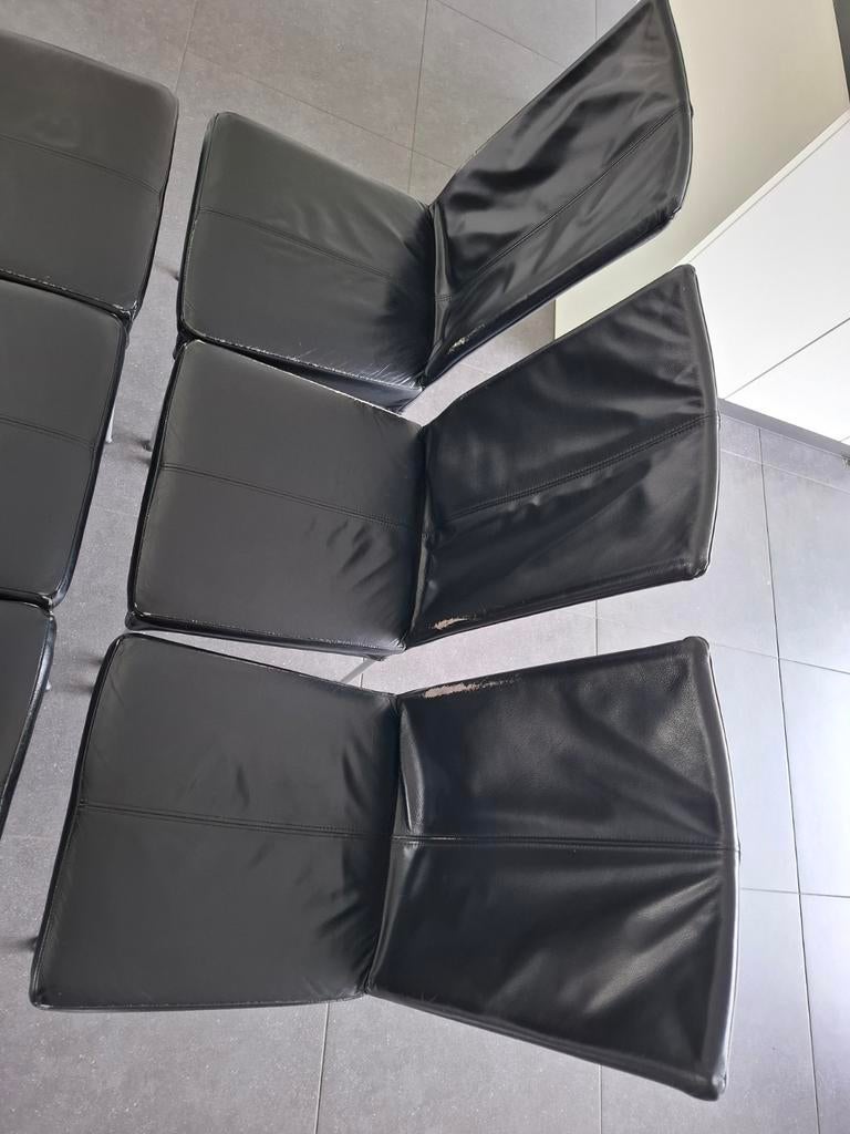 Zes zwarte eetkamerstoelen van leer en metaal, Ophalen, Gebruikt, Zwart, Vijf, Zes of meer stoelen