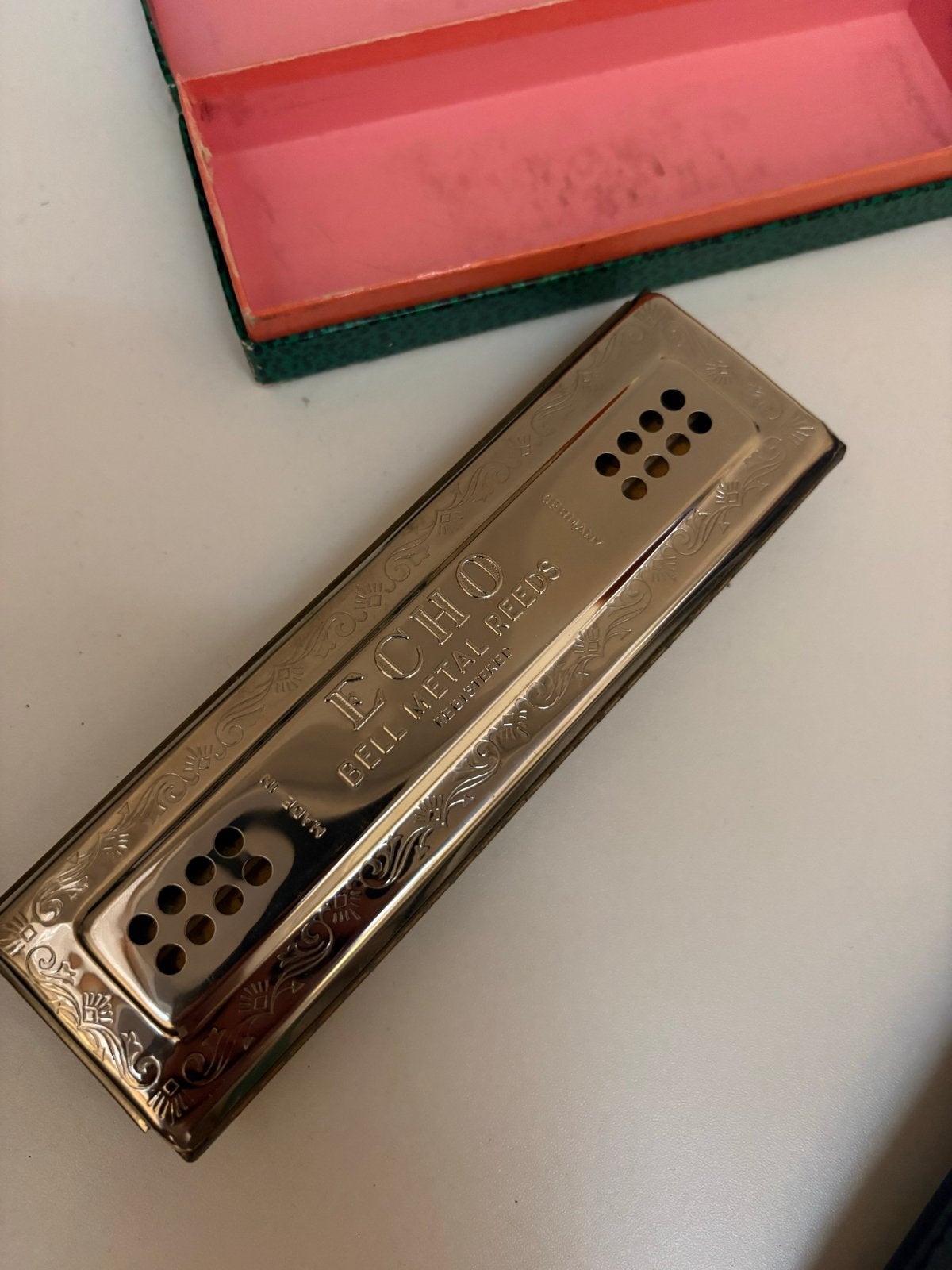Oude Mondharmonica 'Echo Bell Metal Reeds' met doos, Ophalen of Verzenden, Gebruikt, Met koffer of doosje