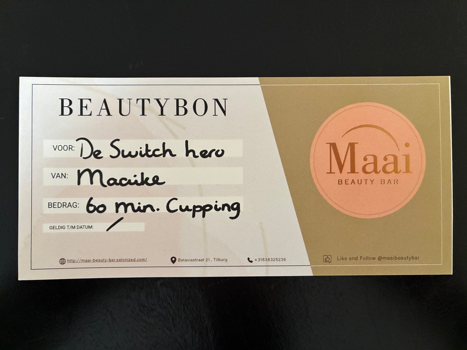 Cadeaubon Beautybon Maai Beauty Bar Tilburg 60 min. cupping, Sieraden, Tassen en Uiterlijk, Ophalen of Verzenden, Nieuw, Overige typen