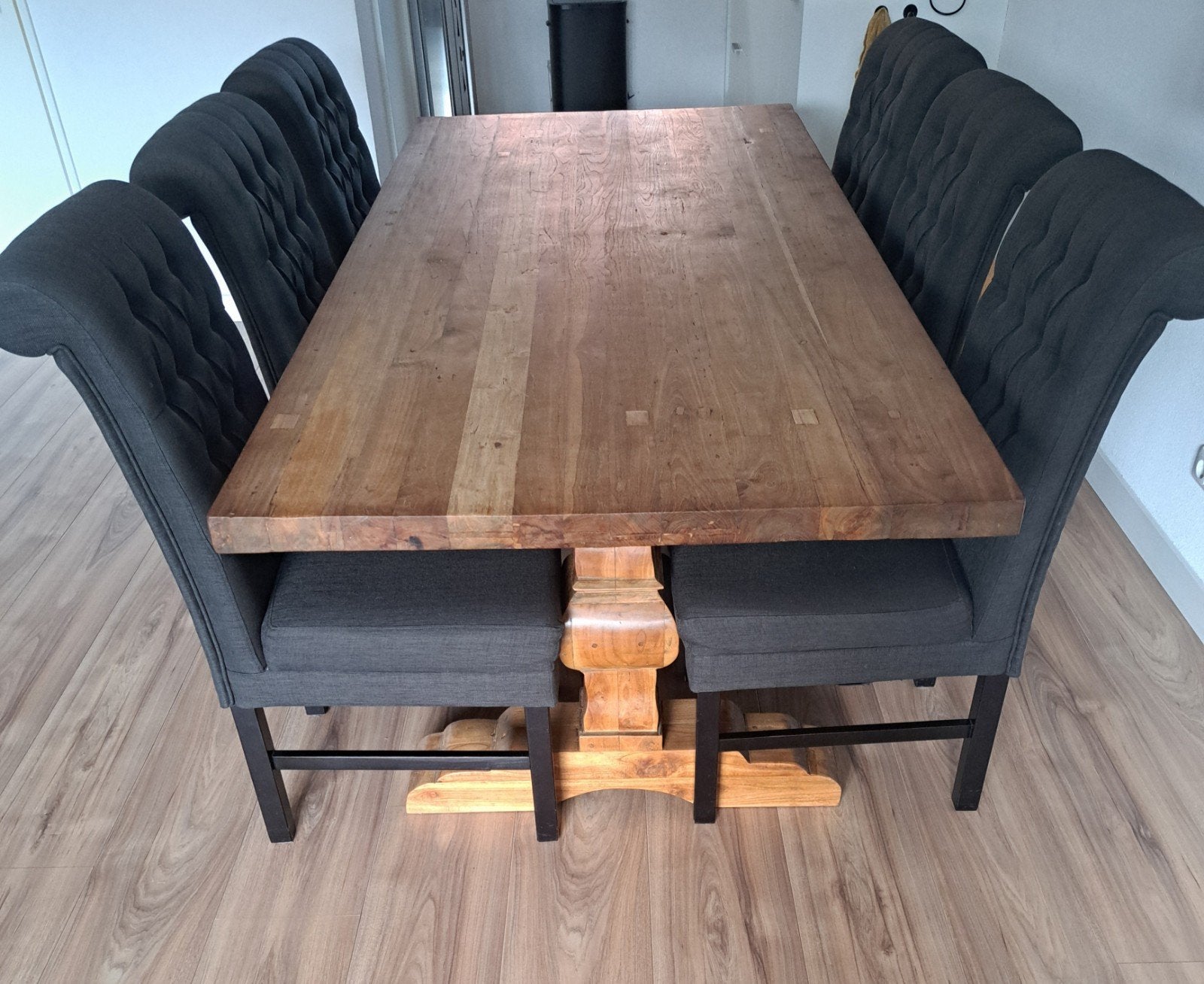 Teakhouten kloostertafel 100x220cm, incl. 6 eetkamerstoelen, Ophalen, Gebruikt, 4 tot 6 stoelen