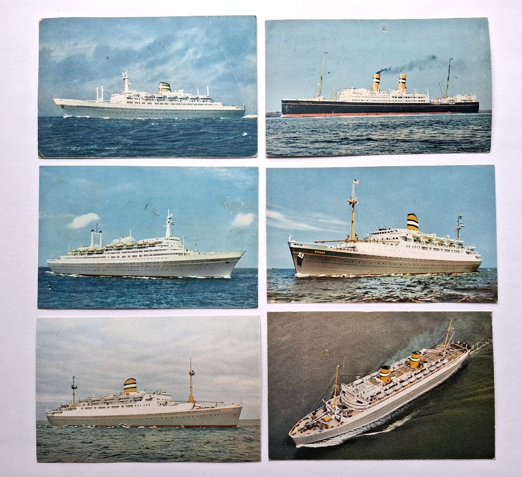 6 ansichtkaarten passagiersschepen Holland America Lijn, Verzamelen, Verzenden, 1960 tot 1980, Ongelopen, Overige thema's