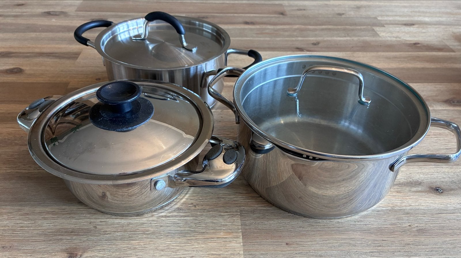 Pannenset RVS - Masterchef, Renens Swiss, Hema (3 stuks), Gebruikt, Pannenset, Ophalen of Verzenden, Met handvatten