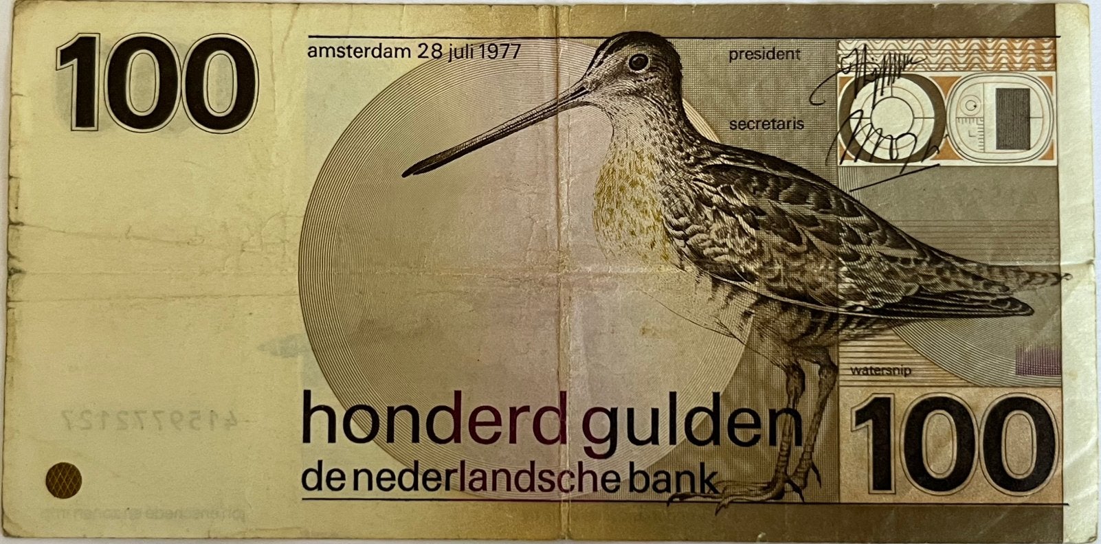 100 gulden 1977 snip, Postzegels en Munten, Bankbiljetten | Nederland, Ophalen of Verzenden, 100 gulden, Los biljet