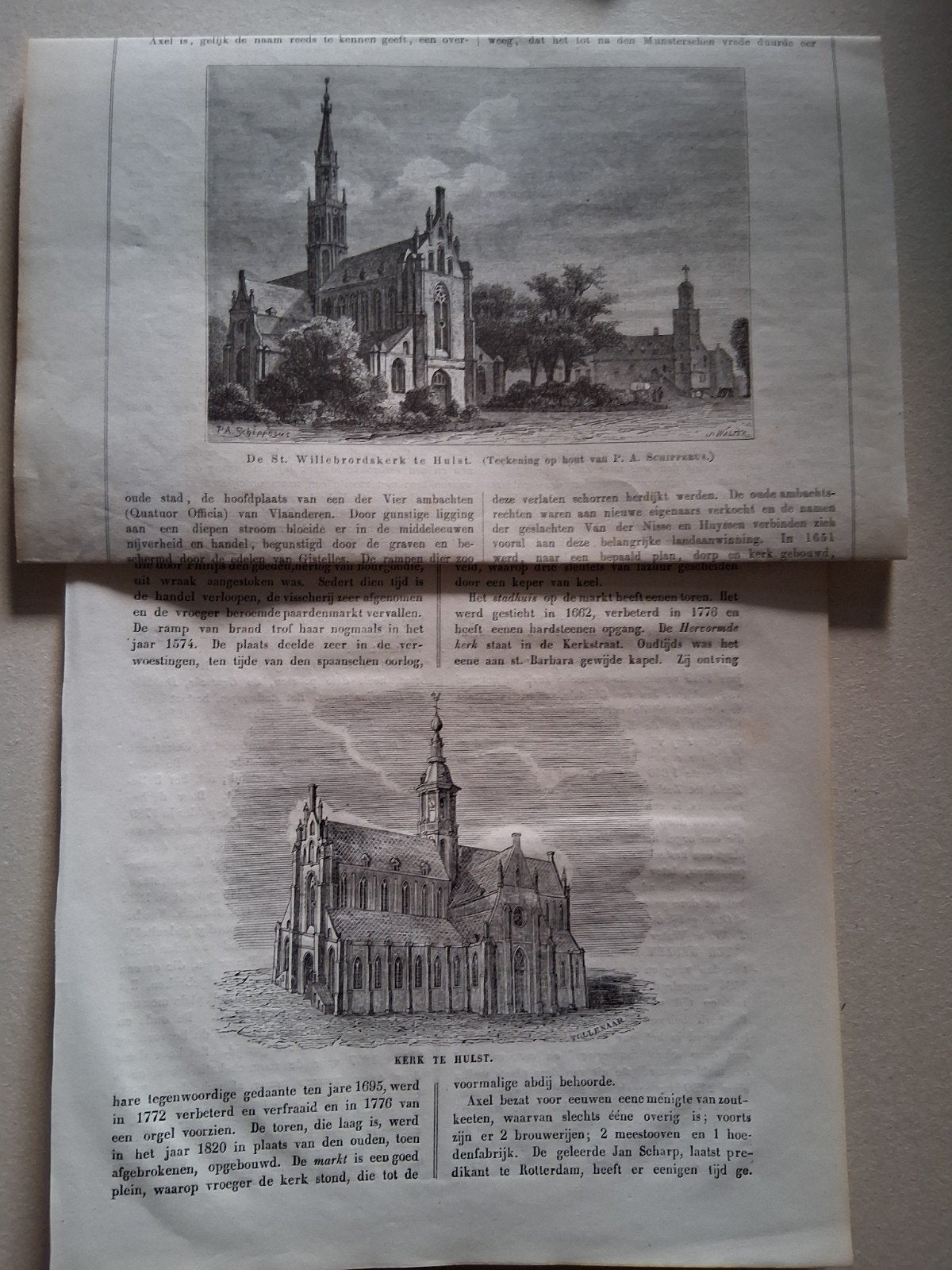 Twee Staalgravures van Kerken in Hulst, Antiek en Kunst, 1800 - 1899, Met tekst, Architectuur, Ophalen of Verzenden