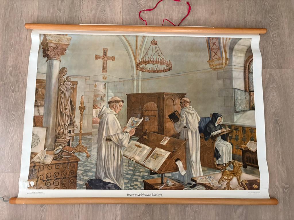 Vintage schoolplaat “In een middeleeuws klooster”, Ophalen, Geschiedenis