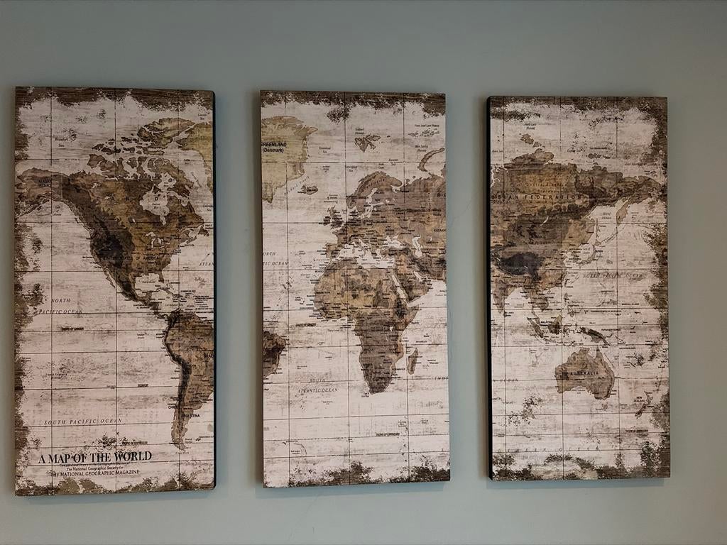 Drieluik Wereldkaart Wanddecoratie, Huis en Inrichting, Woonaccessoires | Wanddecoraties, Ophalen of Verzenden, Zo goed als nieuw