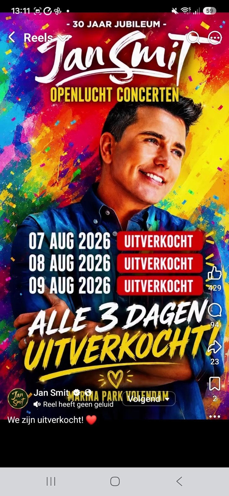 2 tickets Jan Smit 30 jaar zaterdag 9 augustus, Twee personen, Augustus