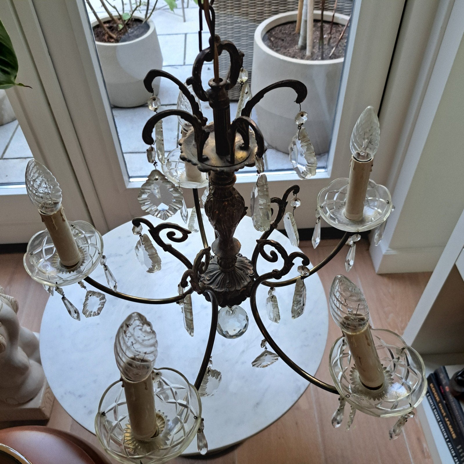 Kroonluchter met pegels en glas, Ophalen, Gebruikt, Klassiek, E14 (klein)