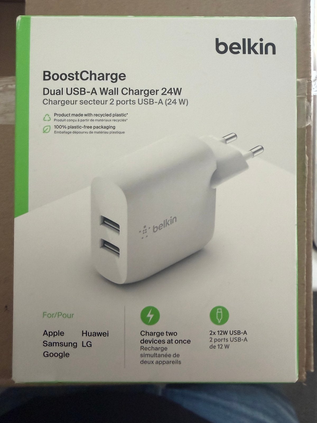 Belkin BoostCharge Dual USB-A Snellader 24W - Nieuw, Nieuw, Ophalen of Verzenden, Snellader, Apple