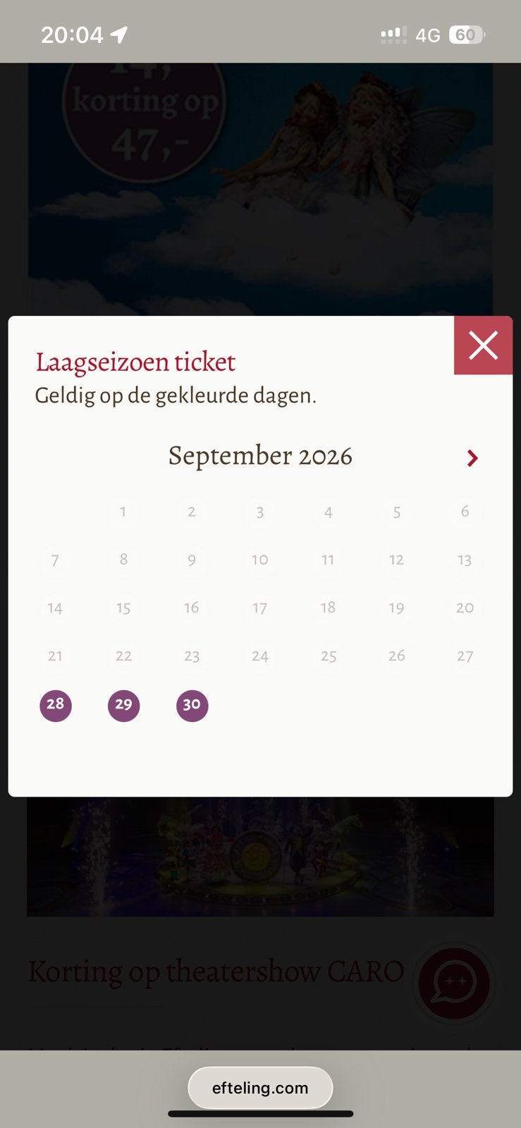 Laagseizoen efteling kaartje geldig t/m oktober, Eén persoon, Overige soorten, Pretpark