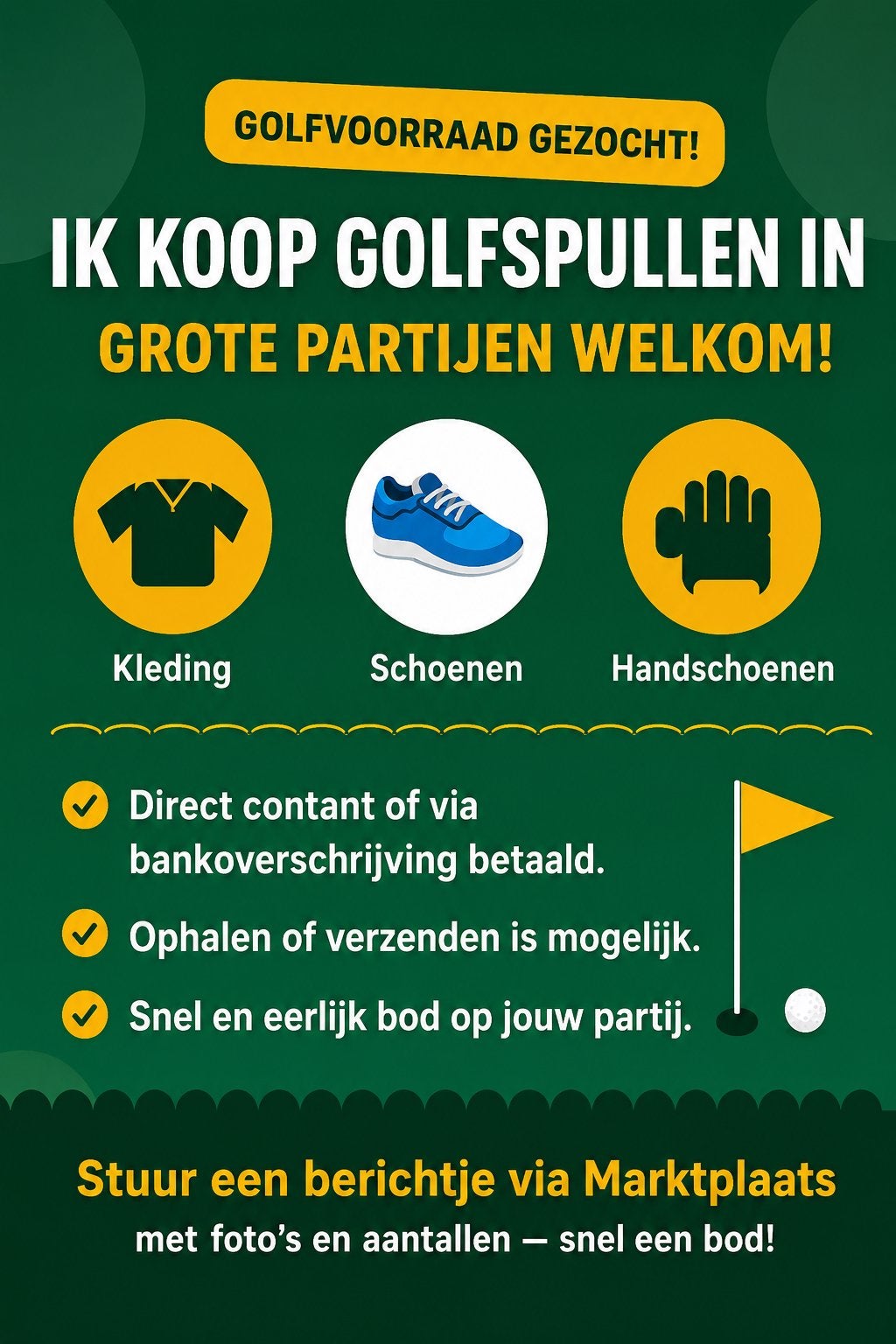 Grote partijen golfkleding, schoenen, handschoenen gezocht!, ., Nieuw, ., Ophalen