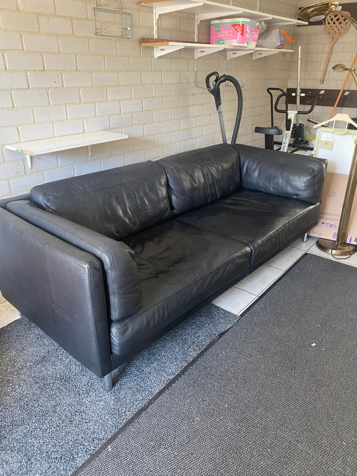 Zwart leren bankstel, Ophalen, Gebruikt, 125 cm of meer, 125 cm of meer