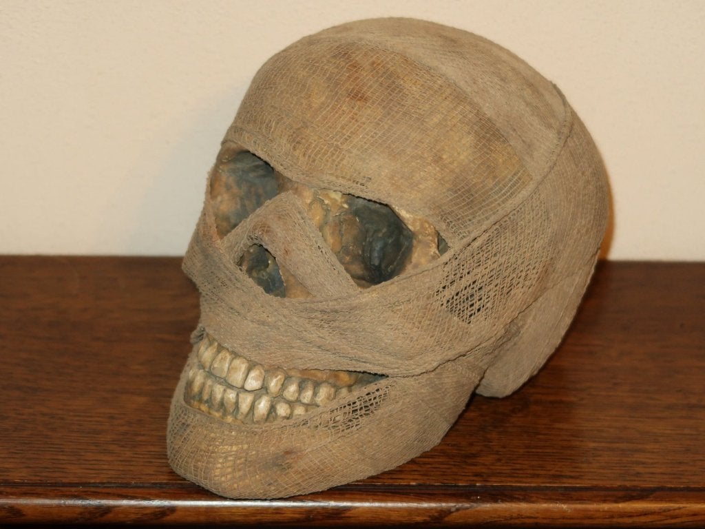 REPLICA Mummie schedel mens, gróte Mummy Skull, Halloween, Ophalen of Verzenden