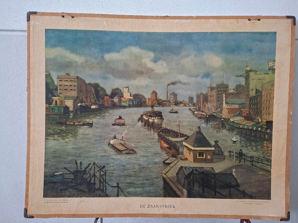 antieke schoolplaat De Zaanstreek riviergezicht schepen, Antiek en Kunst, Ophalen of Verzenden, Stad- en Dorpsgezichten