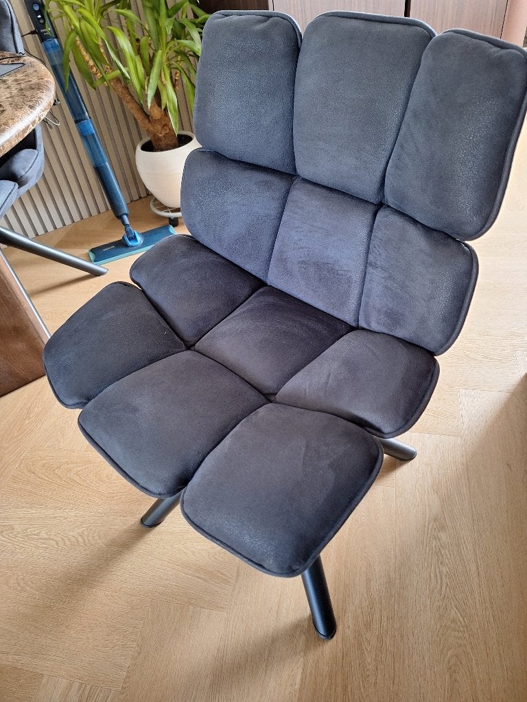 4 eethoekstoelen en bijpassende fateuil blauw izgs, Huis en Inrichting, Stoelen, Ophalen, Gebruikt, Blauw, Stof