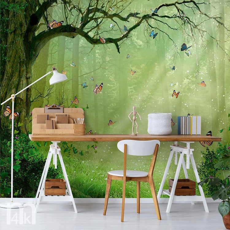 Bos behang met vlinders, vlinderbehang, Muurdeco4kids, Verzenden, Fotobehang