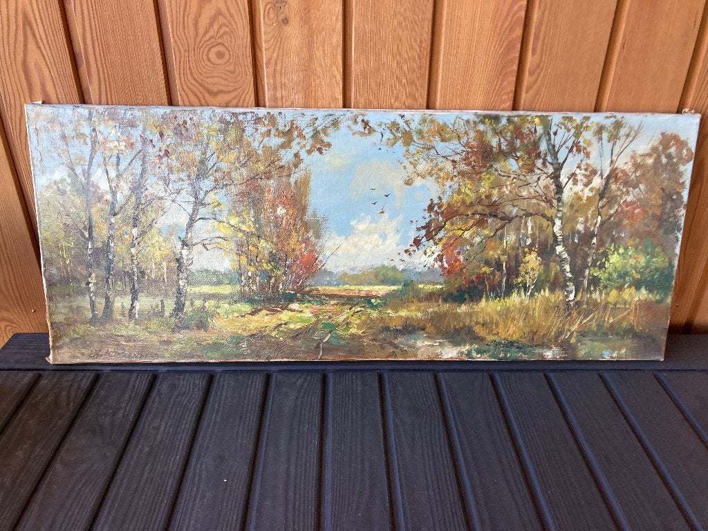 Bosgezicht in het voorjaar H.Klinkenberg 100x40 cm, Doek, Impressionistisch, Ophalen of Verzenden, Landschap