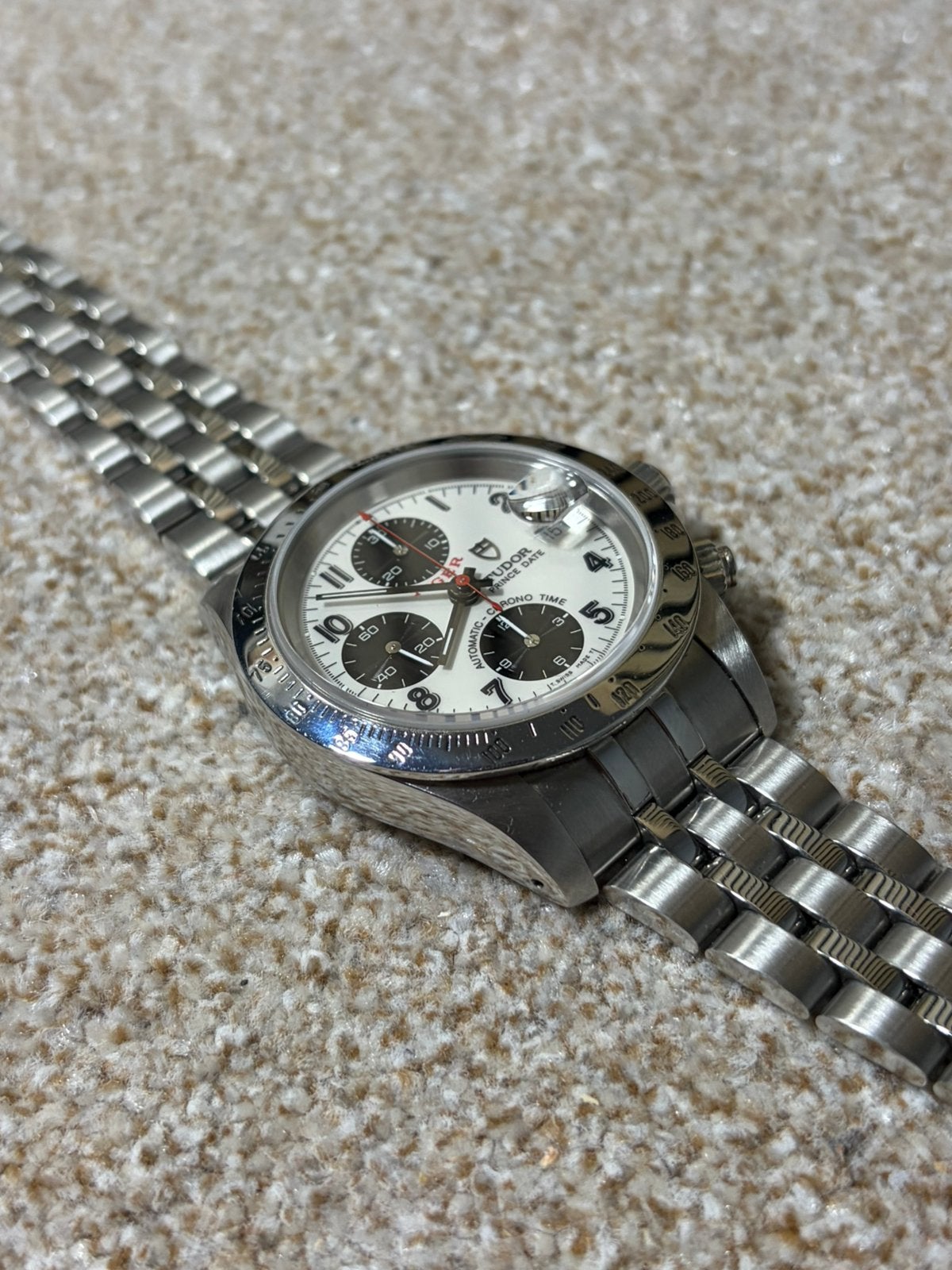 Tudor Prince Date Chronograph 79260 – Extra zwarte bezel, Ophalen of Verzenden, Zo goed als nieuw, Staal, Overige merken