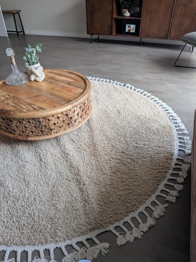 Nieuw rond vloerkleed fringe beige 200 cm, Ophalen, Beige, Rond, 200 cm of meer