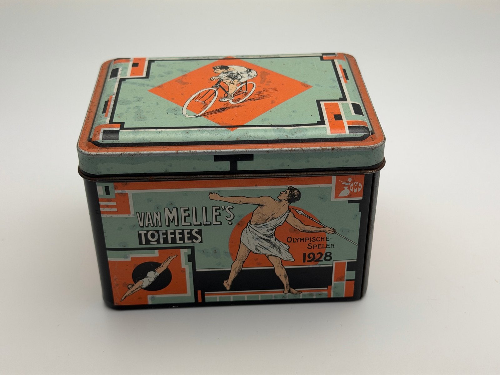 Vintage Van Melle's Toffees blik Olympische Spelen 1928, Ophalen, Gebruikt, Overige, Van Nelle
