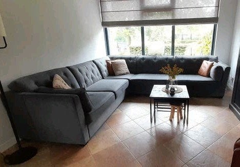 Zeer ruime grijze hoekbank - landelijke stijl, Huis en Inrichting, Ophalen, 250 tot 300 cm, Hoekbank, 75 tot 100 cm
