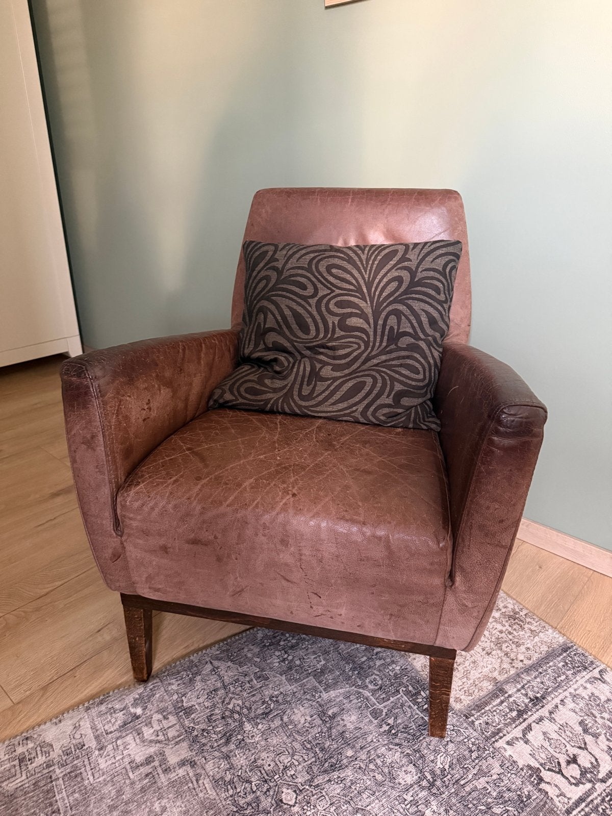Vintage Leren Fauteuil - Bruin incl. kussen, Ophalen, Gebruikt, Vintage, Leer