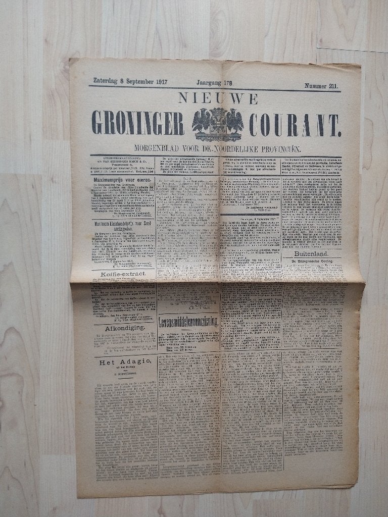 Nieuwe Groninger Courant. Zaterdag 8 september 1917, Ophalen of Verzenden, Nieuw, Muziek, Film of Tv