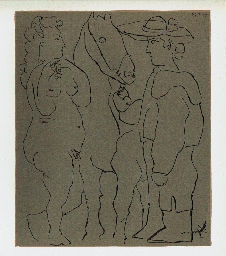 Picasso Picador, Woman, and Horse Linocut, Antiek en Kunst, Verzenden, Houtsnede