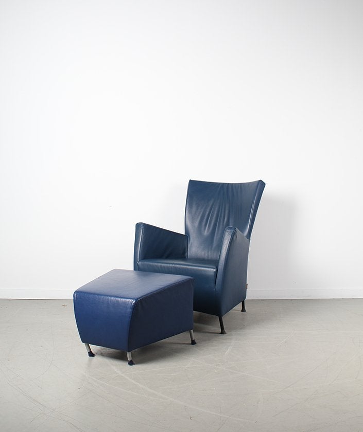 Montis Windy blauw leder + bijpassende hocker, Niet ingevuld, Zo goed als nieuw, Niet ingevuld, Niet ingevuld