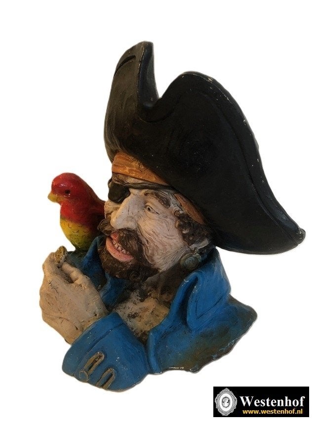 Vintage grote borstbeeld piraat buste beeld met papegaai, Oceanië, Blauw, Verzenden, Gips