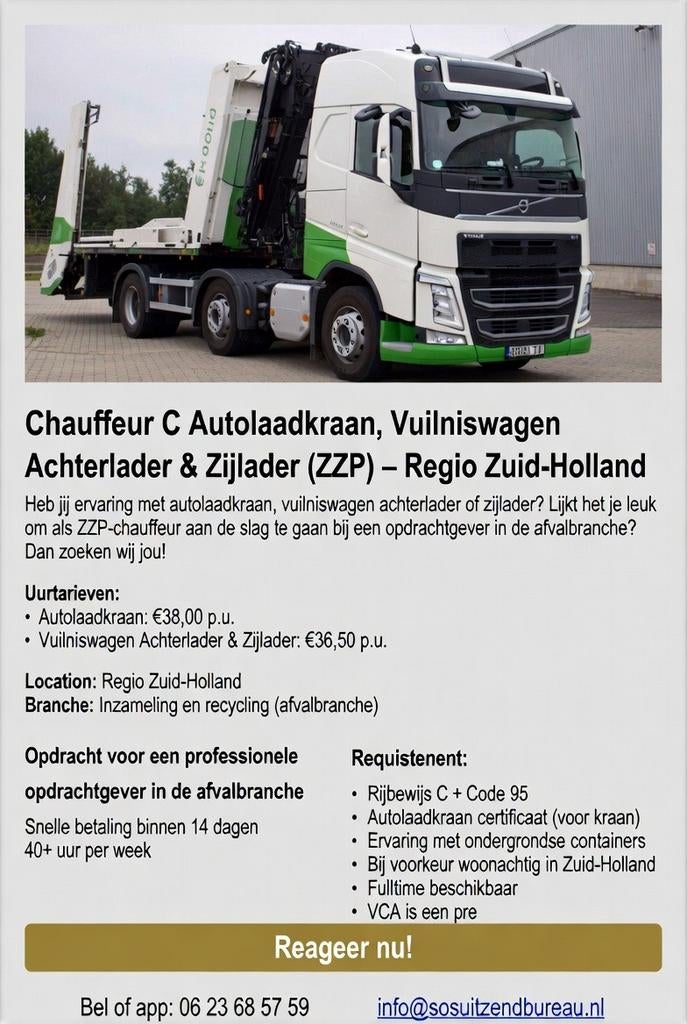 Zzp chauffeur C gezocht, 33 - 40 uur, Freelance of Uitzendbasis