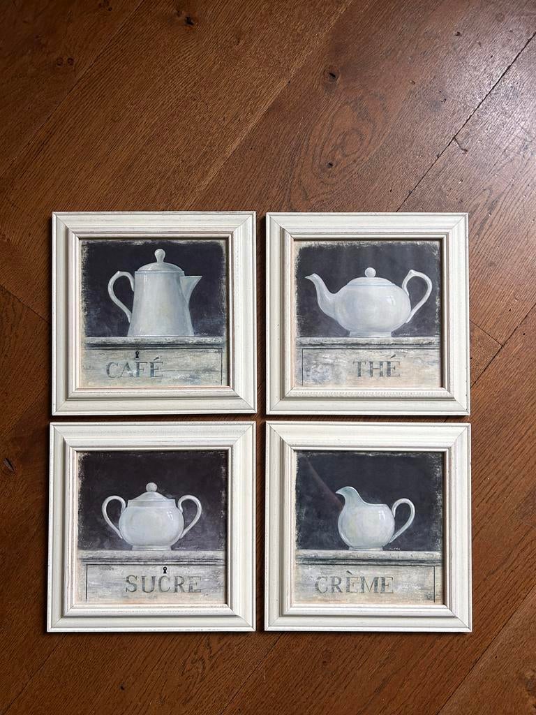 4 Houten Lijstjes met Café, Thé, Crème, Sucre Afbeeldingen, Ophalen of Verzenden, Zo goed als nieuw, Minder dan 50 cm, Print