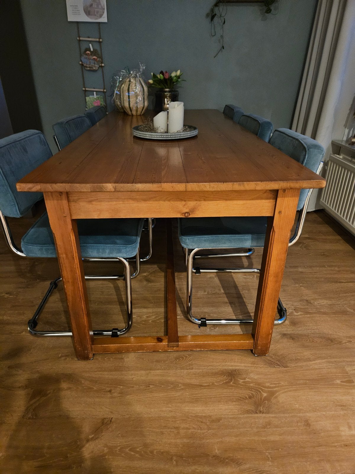 Robuuste houten eettafel met 6 stoelen, Gebruikt, 100 tot 150 cm, 200 cm of meer, Vier personen