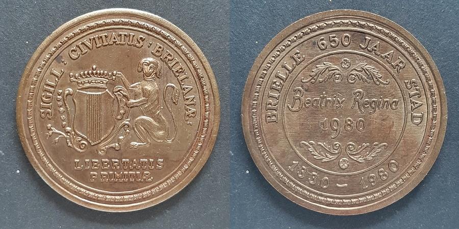650 jaar Brielle 1980, Postzegels en Munten, Penningen en Medailles, Verzenden, Brons, Nederland
