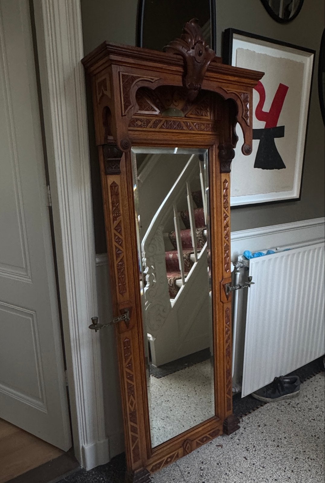 Antieke walnoten halspiegel en ladekast uit begin 1900, Ophalen of Verzenden