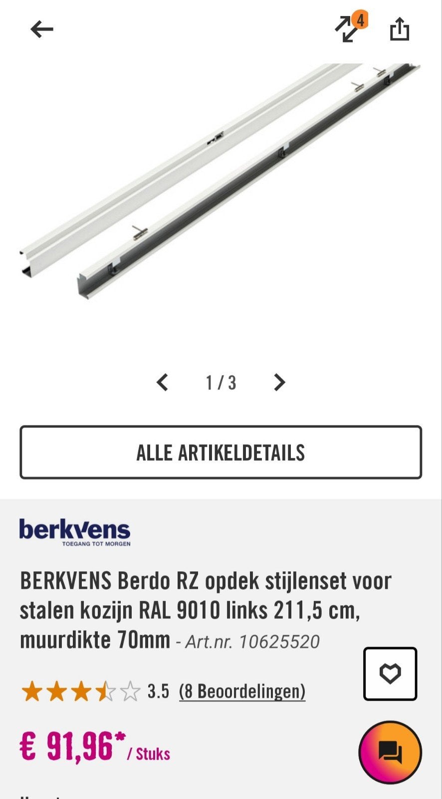 BERKVENS Berdo RZ opdek stijlenset ral 9010 links 211,5 cm, Doe-het-zelf en Verbouw, Ophalen, Minder dan 75 cm, Deurkozijn, Nieuw