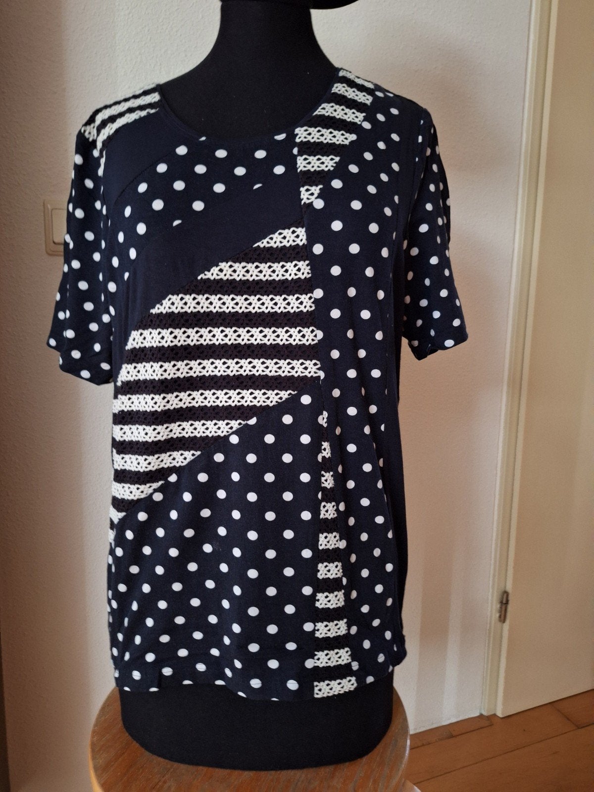 Pont Neuf donkerblauw wit gestippeld shirt, Maat 38/40 (M), Blauw, Ophalen of Verzenden, Korte mouw