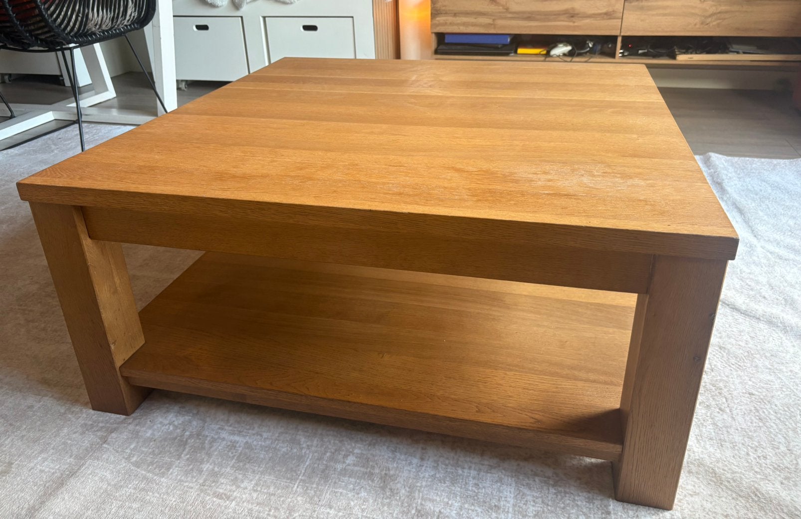Massief eiken salontafel 100x100, Ophalen, Gebruikt, 50 tot 100 cm, 50 tot 100 cm
