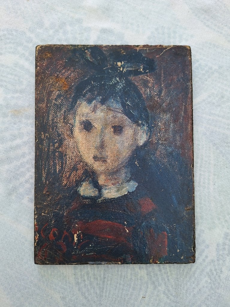 Portret van meisje op spaanplaat, reproductie, Hout, Ophalen of Verzenden, Op houten frame, Overige technieken