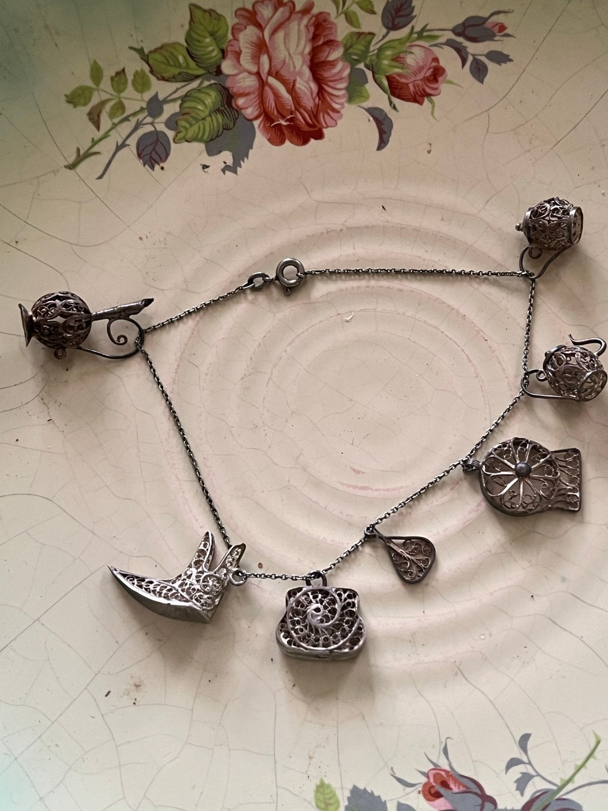 Antieke filigrain zilveren bedelarmband, Verzenden, Zilver, Armband