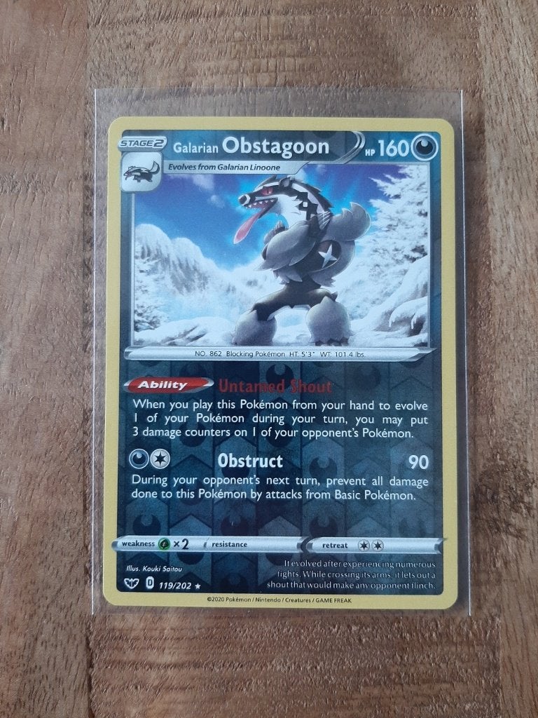 Galarian Obstagoon #119, Reverse Holo Pokemon Sword & Shield, Hobby en Vrije tijd, Ophalen of Verzenden, Zo goed als nieuw, Losse kaart