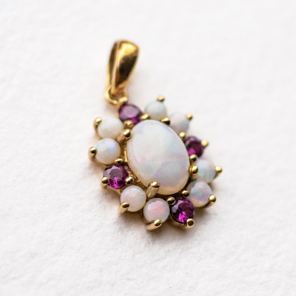 Vintage 9K gouden hanger pendant opaal en roze saffieer, Ophalen of Verzenden, Zo goed als nieuw, Goud, Goud