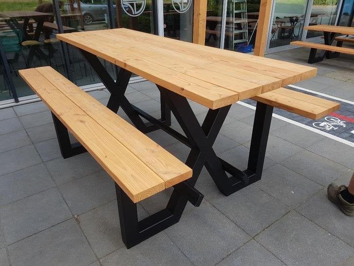 Picknicktafel bartafel staal douglas/lariks hout. X frame, Niet ingevuld, Niet ingevuld, Nieuw, Ophalen of Verzenden