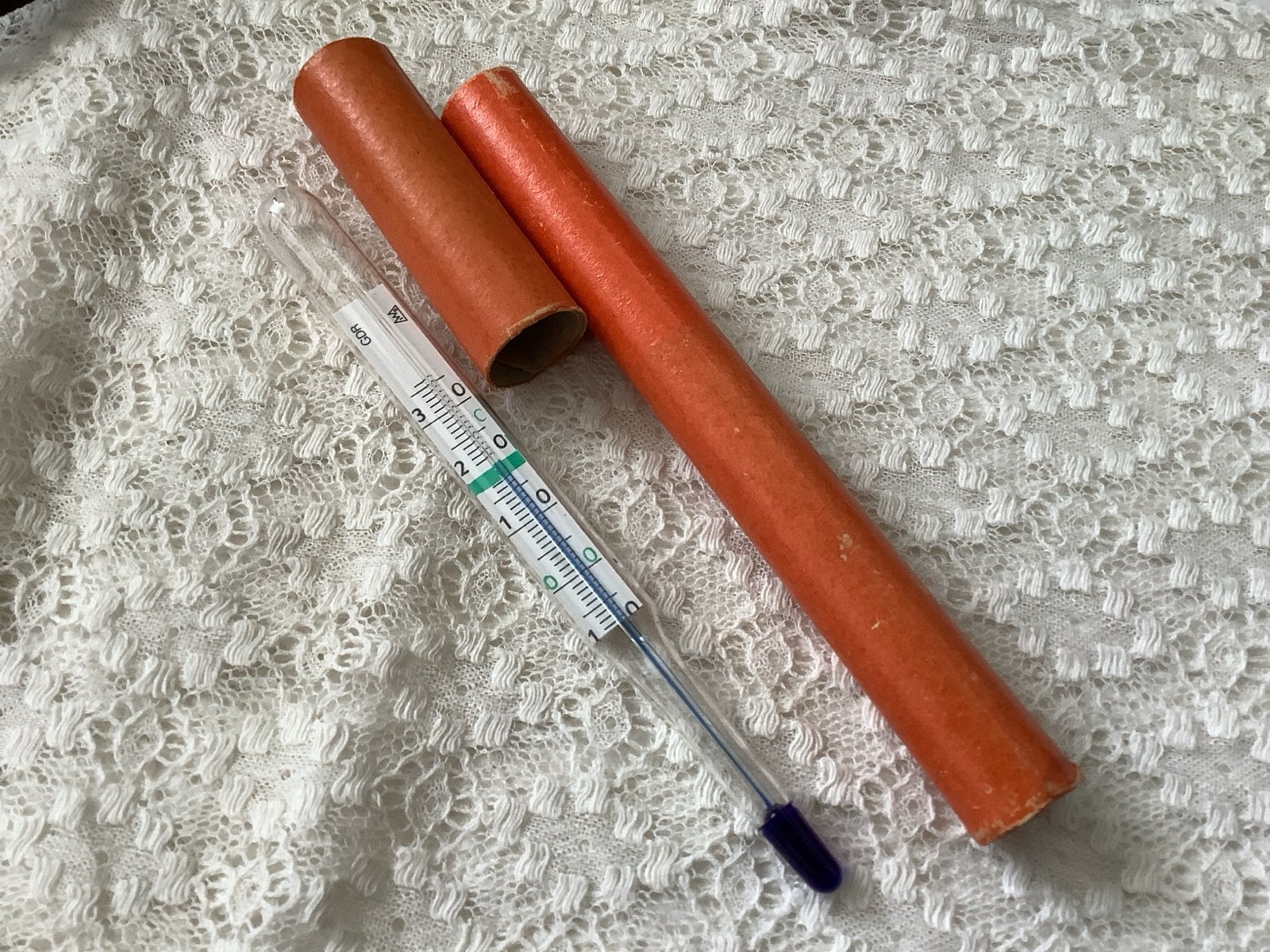Vintage thermometer met originele koker, Ophalen of Verzenden