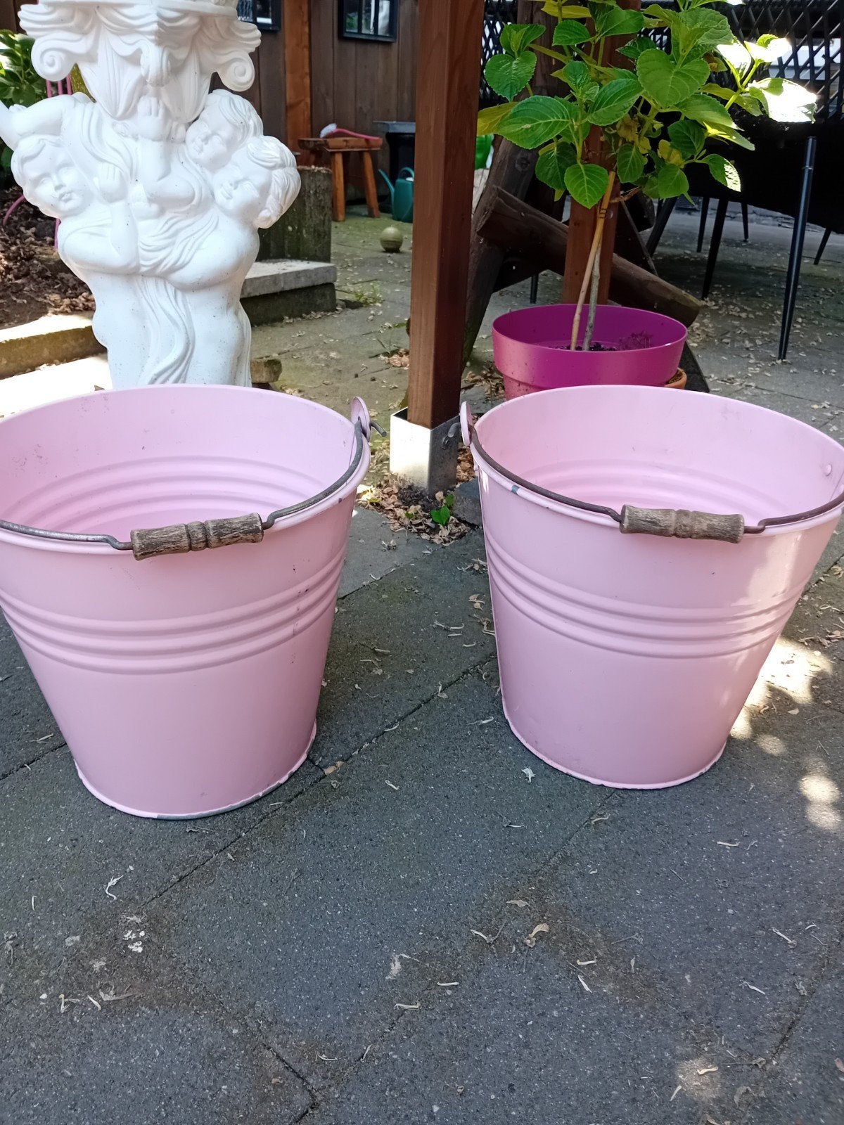 2 metalen emmers rose, Ophalen, Rond, Metaal