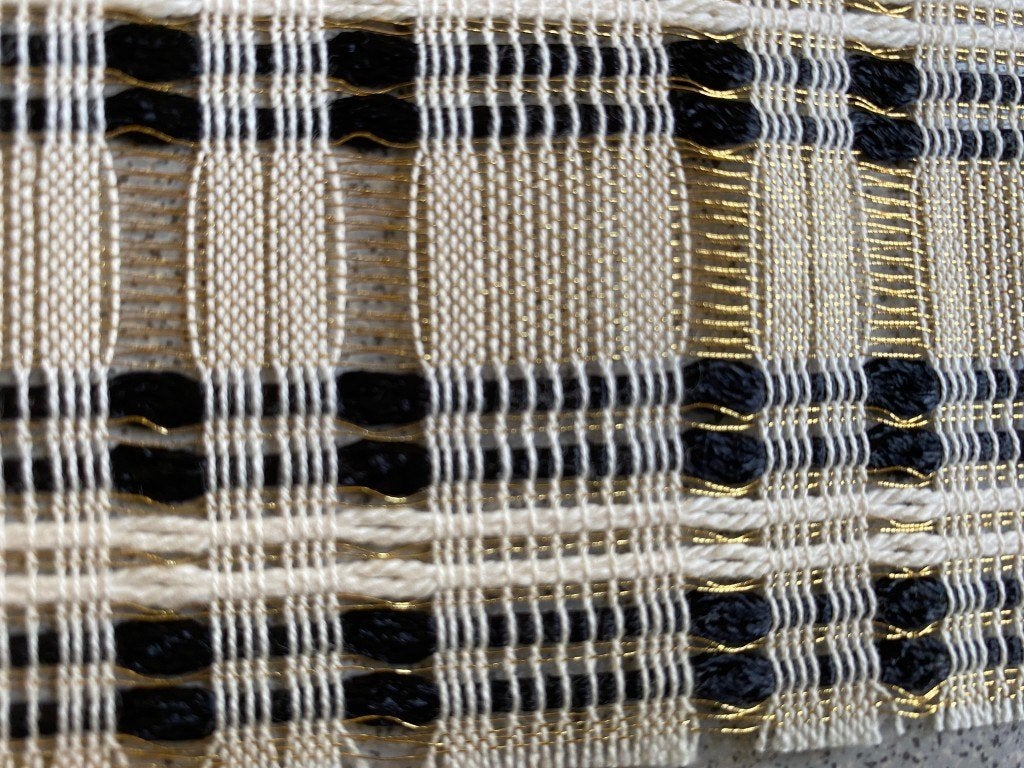 Kvadrat Sahco vitragestof roomwit/goud/zwart; 2,15 meter, Overige materialen, Meerkleurig, 120 cm of meer, Ophalen of Verzenden