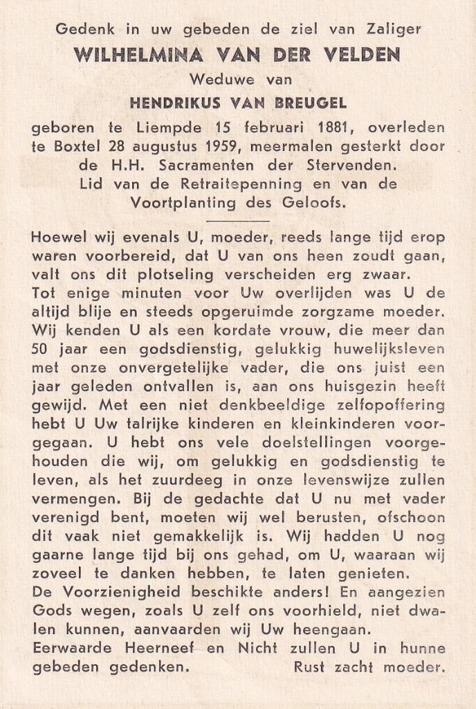 Velden Wilhelmina 1881 Liempde 1959 Boxtel, Ophalen of Verzenden, Bidprentje