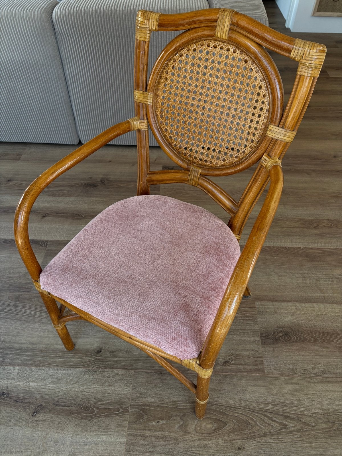Vintage Rotan & Webbing Stoel - Nieuwe bekleding, Ophalen, Gebruikt, Bruin, Riet of Rotan