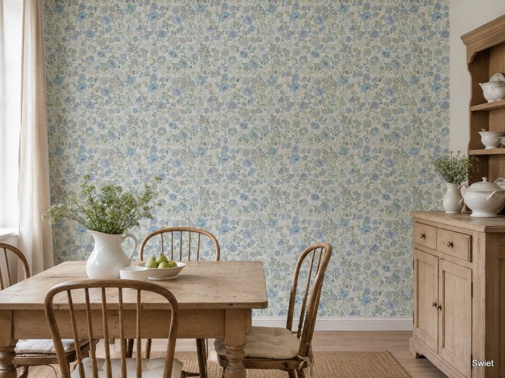 13898 Vintage bloemen behang in blauw en groen 70s swiet, Ophalen of Verzenden, Blauw