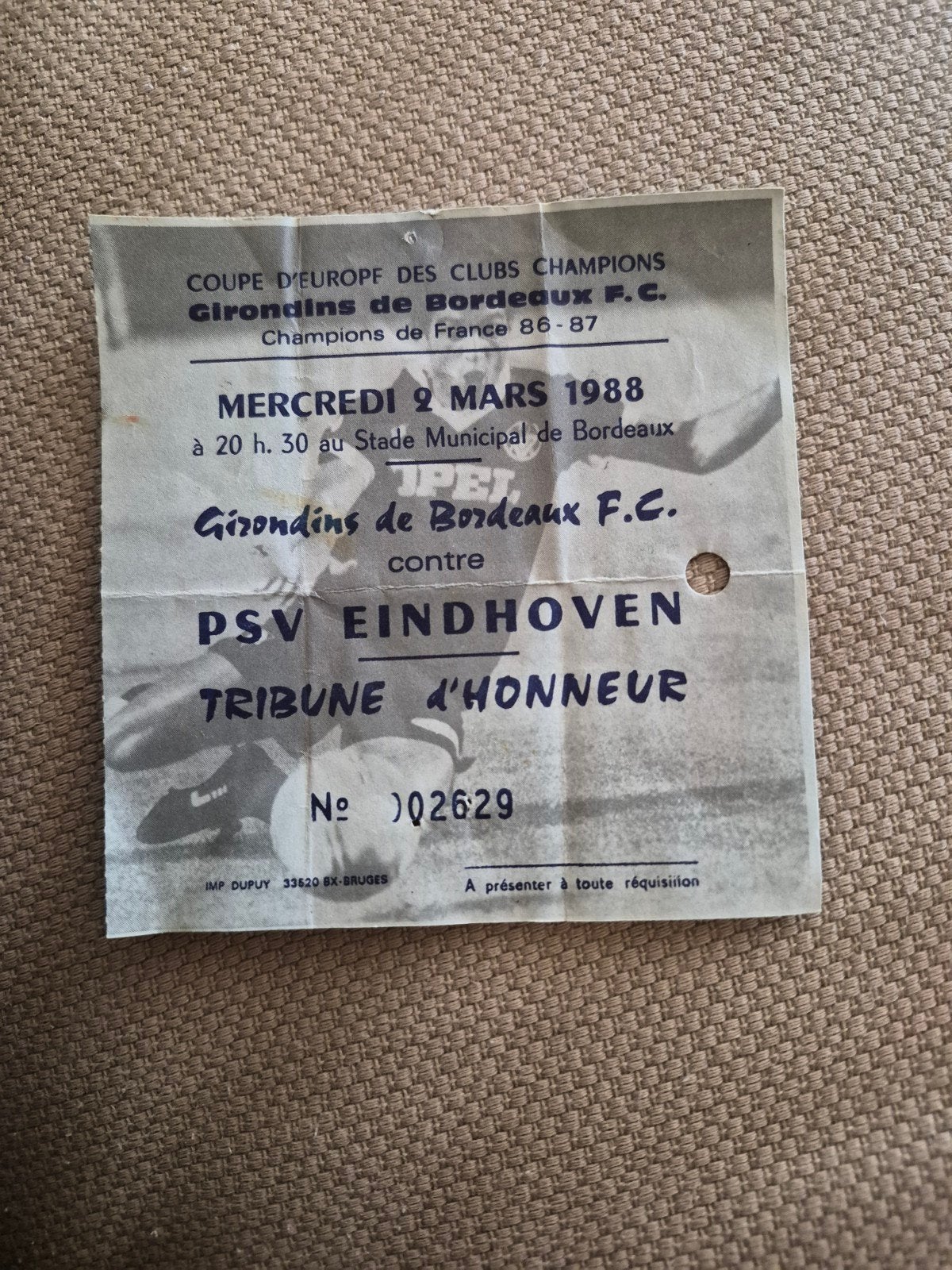 Ticket Bordeaux- PSV, Verzamelen, Sportartikelen en Voetbal, Ophalen of Verzenden, Gebruikt, PSV, Overige typen